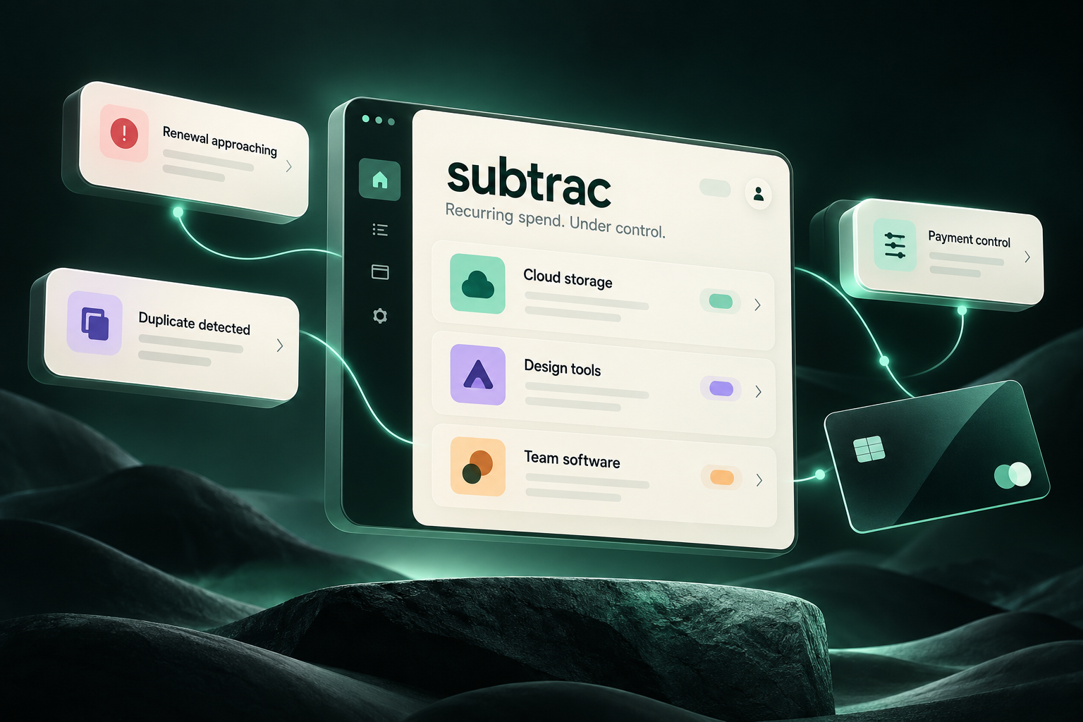 Subtrac concept illustration connecting a subscription overview with renewal alerts, duplicate detection and payment controls