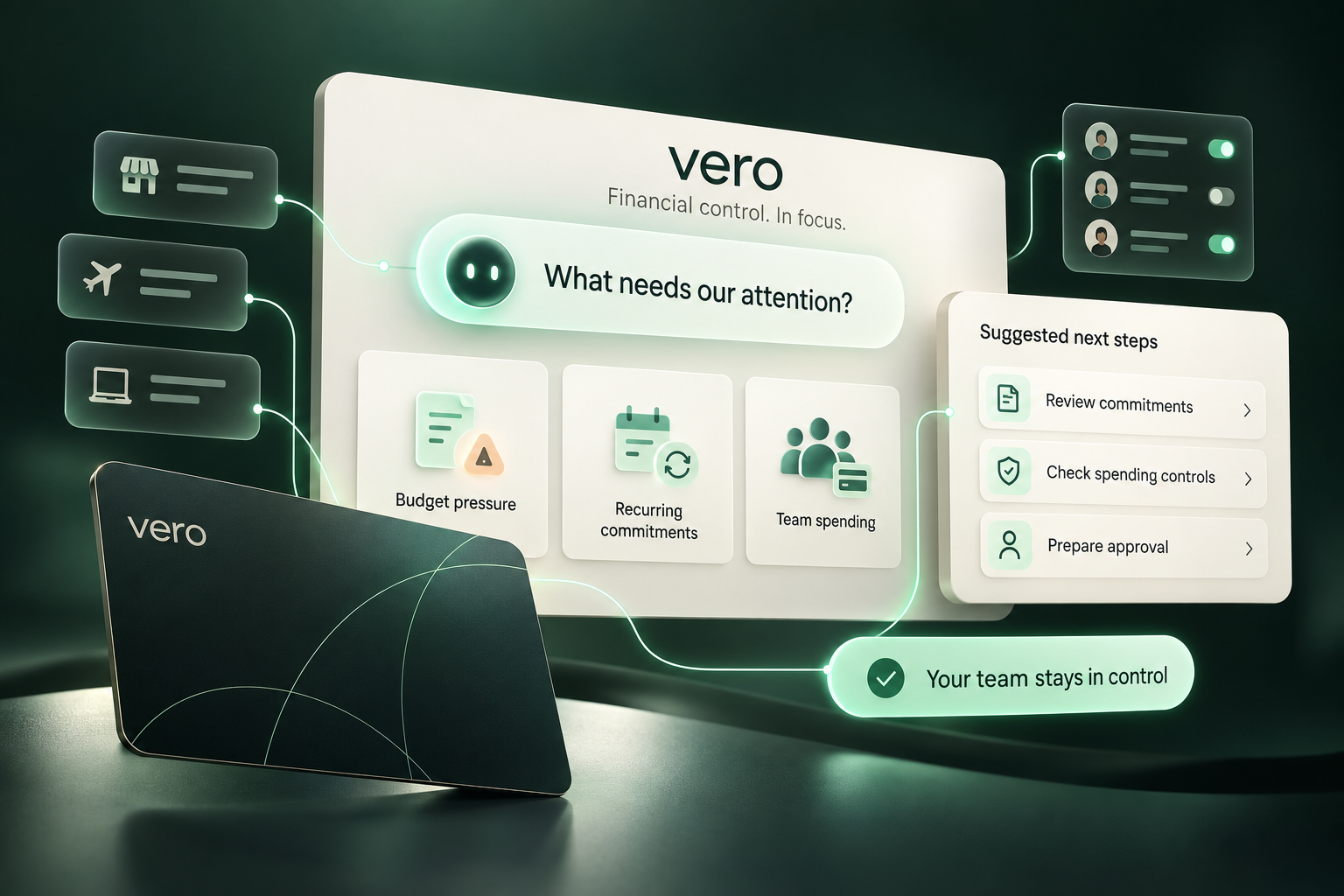 Vero concept illustration connecting business payments, budget pressure, recurring commitments and team spending with suggested actions